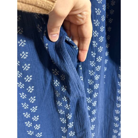 J Jill Dress Large Blue Embroidered Floral Pockets Tassel Knee Length Boho Flowy - Picture 13 of 13